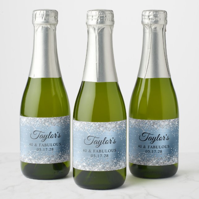 Silver Glitter Light Blue Foil 40 & Fabulous Sparkling Wine Label (Bottles)