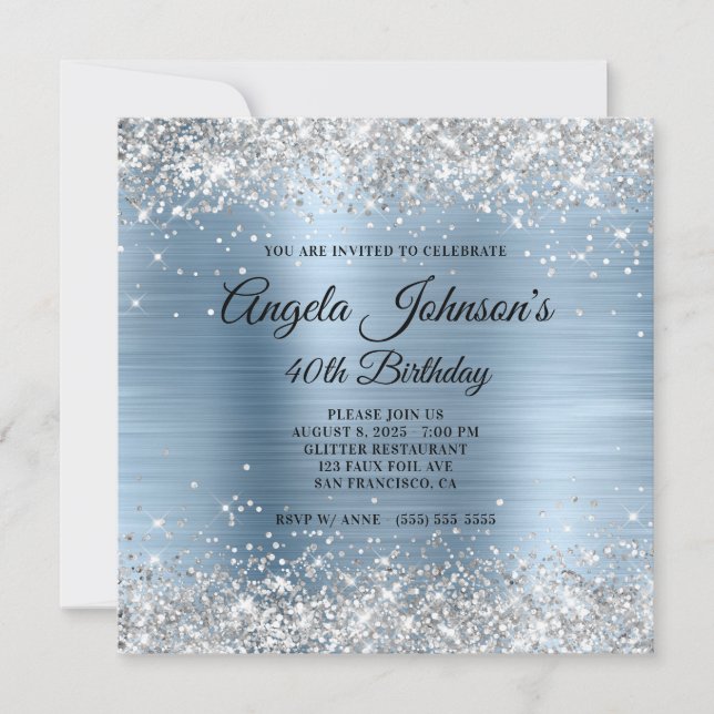 Silver Glitter Light Blue Foil 40th Birthday Invitation (Front)