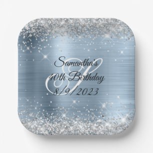 Silver Glitter Light Blue Foil 40th Birthday Paper Plate