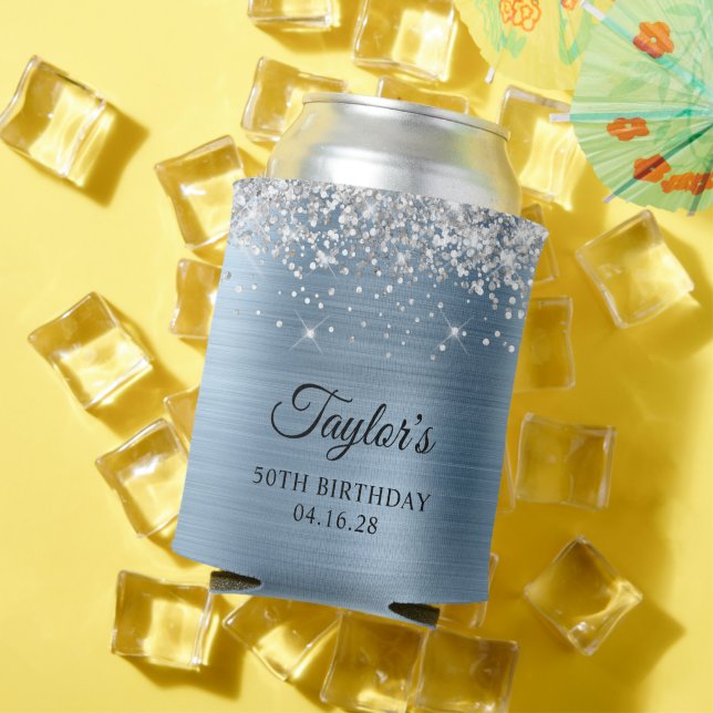 Silver Glitter Light Blue Foil 50th Birthday Can Cooler (In Situ Summer)