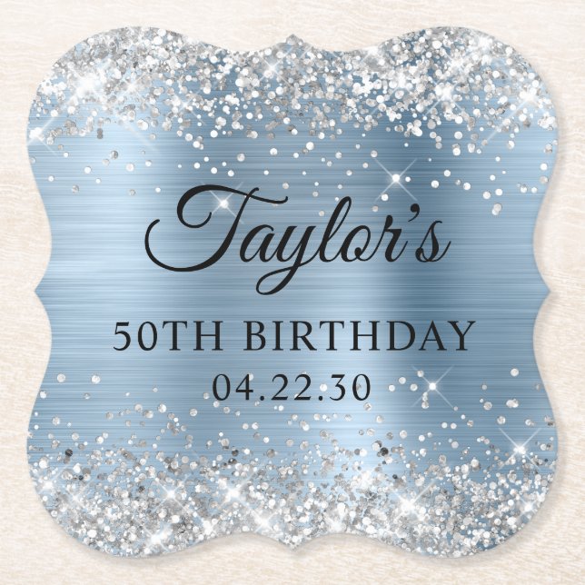 Silver Glitter Light Blue Foil 50th Birthday Paper Coaster (Front)