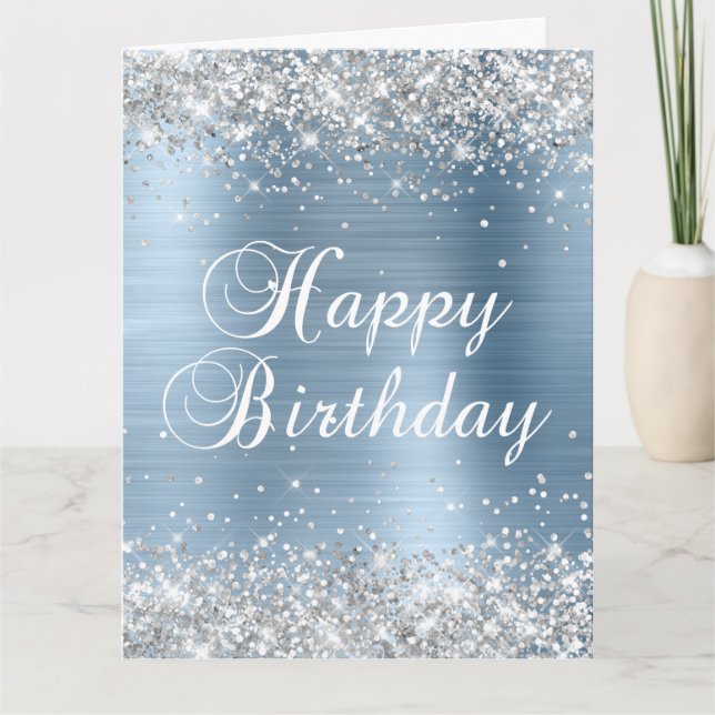 Silver Glitter Light Blue Foil Big Happy Birthday Card (Front)