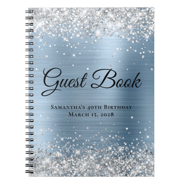 Silver Glitter Light Blue Foil Birthday Guest Notebook (Front)