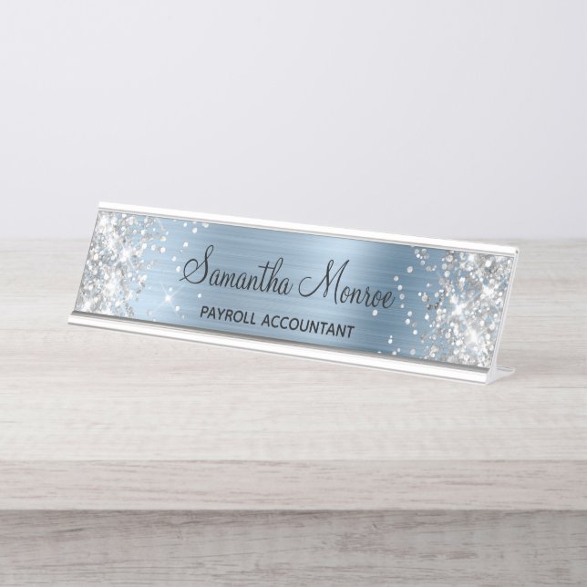 Silver Glitter Light Blue Foil Desk Name Plate (Front)