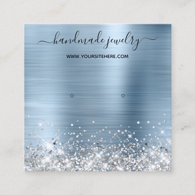 Silver Glitter Light Blue Foil Earring Display Square Business Card (Front)