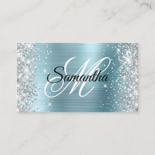 Silver Glitter Light Blue Foil Fancy Monogram Business Card