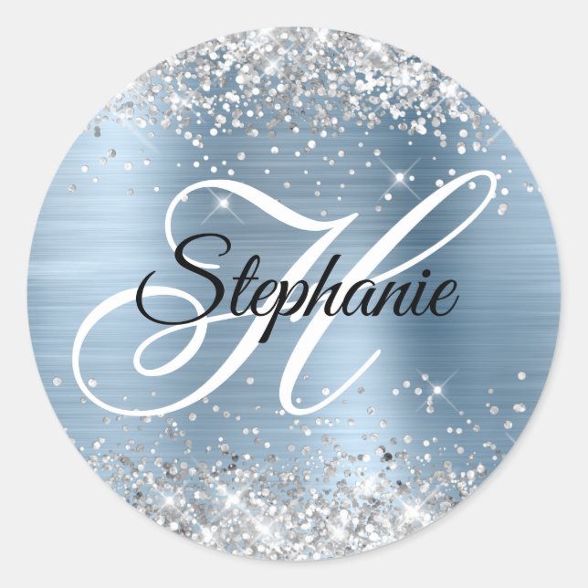 Silver Glitter Light Blue Foil Fancy Monogram Classic Round Sticker (Front)