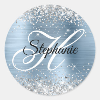 Silver Glitter Light Blue Foil Fancy Monogram Classic Round Sticker