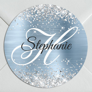 Silver Glitter Light Blue Foil Fancy Monogram Classic Round Sticker