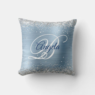 Silver Glitter Light Blue Foil Fancy Monogram Cushion