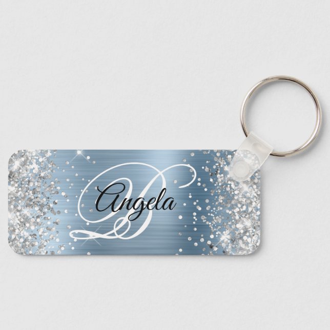 Silver Glitter Light Blue Foil Fancy Monogram Key Ring (Front)