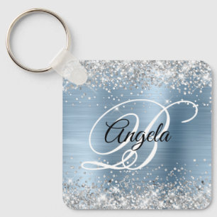 Silver Glitter Light Blue Foil Fancy Monogram Key Ring