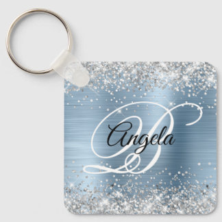 Silver Glitter Light Blue Foil Fancy Monogram Key Ring