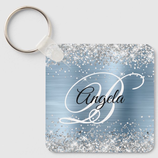 Silver Glitter Light Blue Foil Fancy Monogram Key Ring (Front)