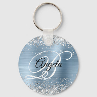 Silver Glitter Light Blue Foil Fancy Monogram Key Ring