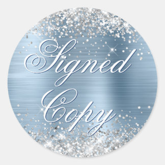Silver Glitter Light Blue Foil Fancy Signed Copy Classic Round Sticker