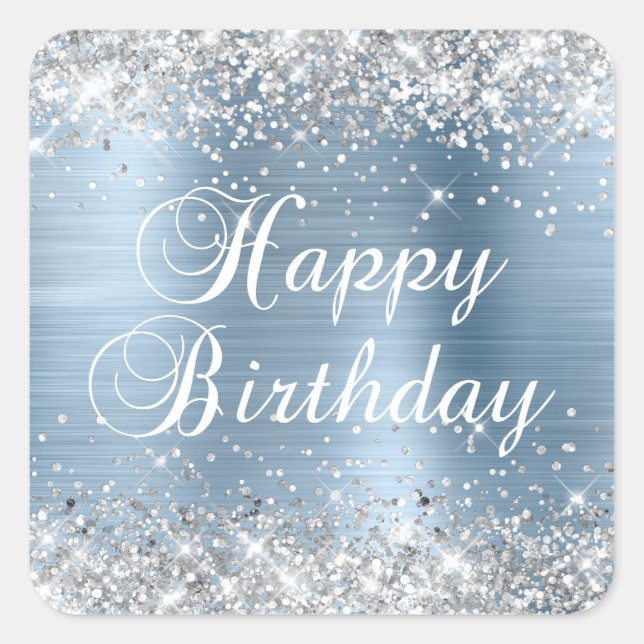 Silver Glitter Light Blue Foil Happy Birthday Square Sticker (Front)