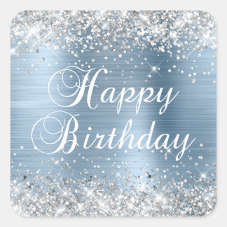 Silver Glitter Light Blue Foil Happy Birthday Square Sticker
