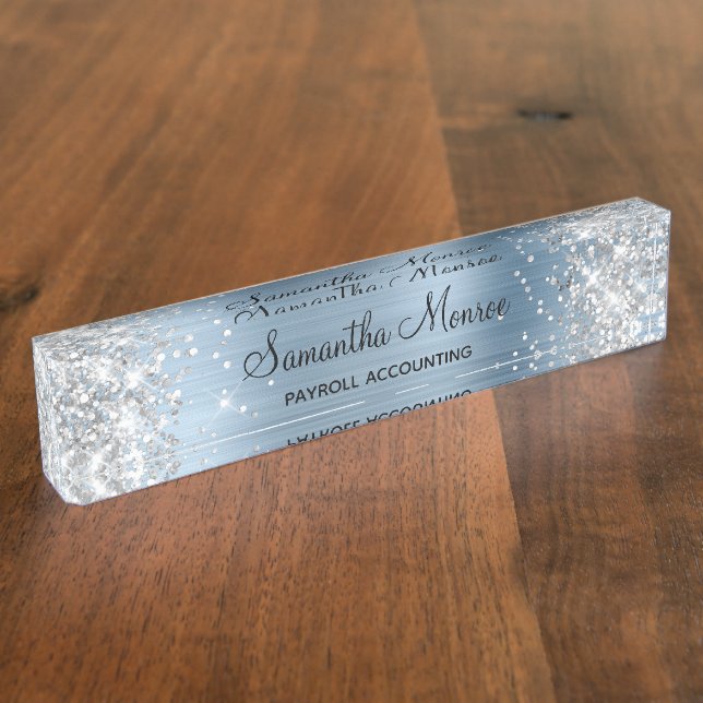 Silver Glitter Light Blue Foil Nameplate (Side)