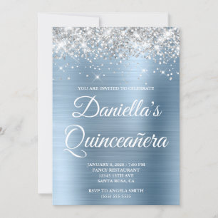 Silver Glitter Light Blue Foil Quinceañera Invitation