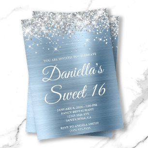 Silver Glitter Light Blue Foil Sweet 16 Invitation