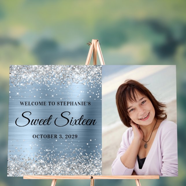 Silver Glitter Light Blue Foil Sweet Sixteen Acrylic Sign (Neutral)