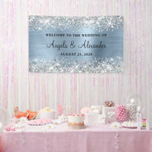 Silver Glitter Light Blue Foil Wedding Welcome Banner
