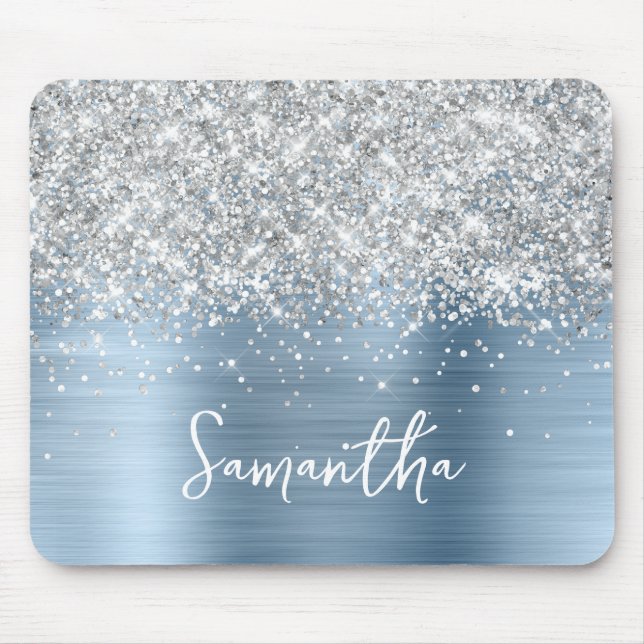Silver Glitter Light Blue Glam Name Mouse Mat (Front)