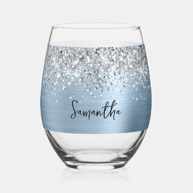 Silver Glitter Light Blue Glam Name Stemless Wine Glass (Front)
