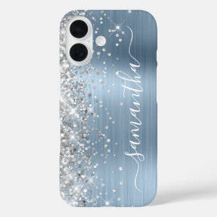 Silver Glitter Light Blue Metallic Girly Signature iPhone 16 Case