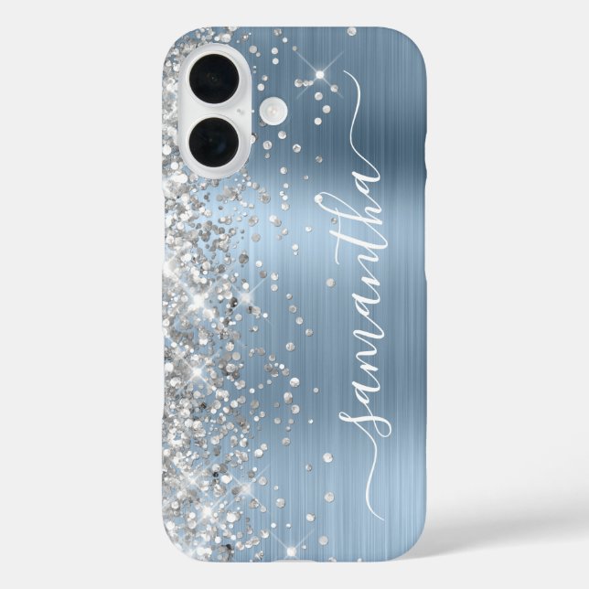 Silver Glitter Light Blue Metallic Girly Signature Case-Mate iPhone Case (Back)