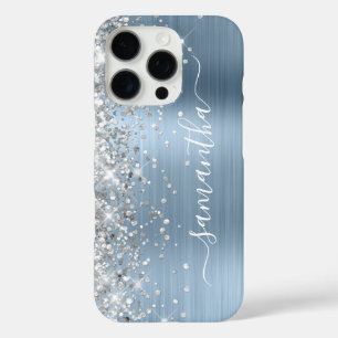 Silver Glitter Light Blue Metallic Girly Signature iPhone 16 Pro Case