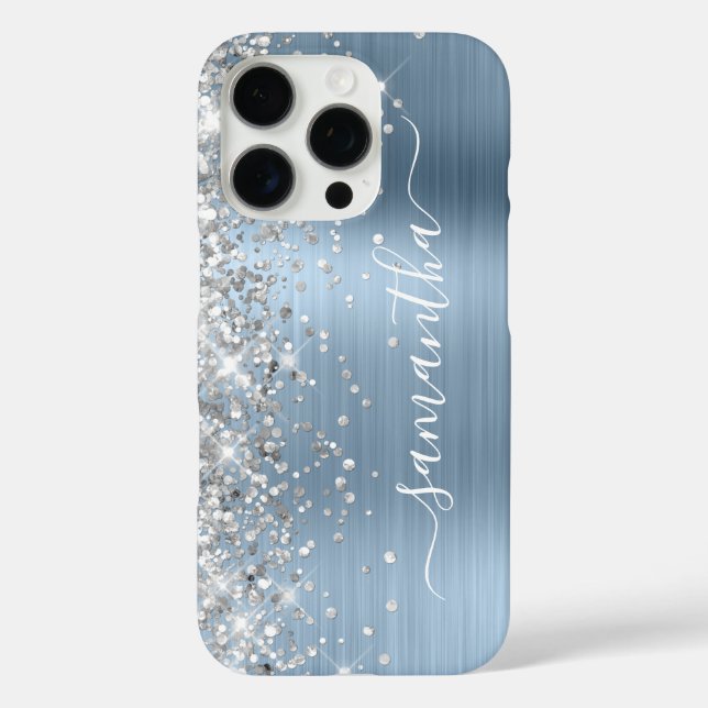 Silver Glitter Light Blue Metallic Girly Signature Case-Mate iPhone Case (Back)