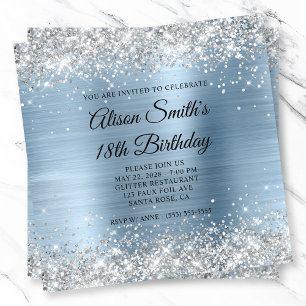 Silver Glitter Light Blue Monogram 18th Birthday Invitation
