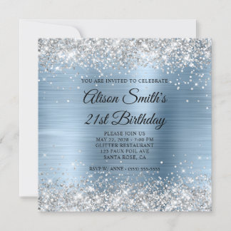 Silver Glitter Light Blue Monogram 21st Birthday Invitation