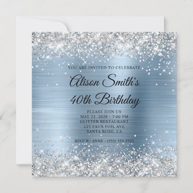 Silver Glitter Light Blue Monogram 40th Birthday Invitation (Front)