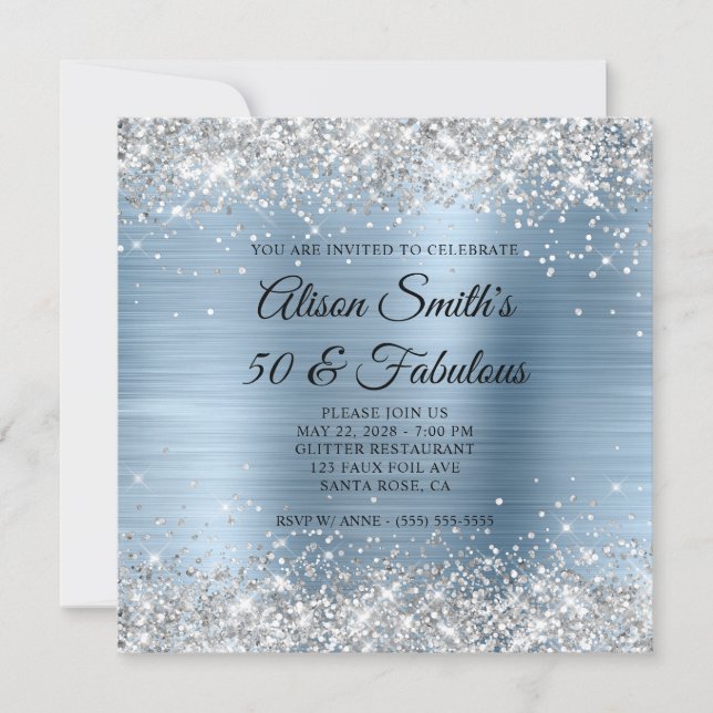 Silver Glitter Light Blue Monogram 50 & Fabulous Invitation (Front)