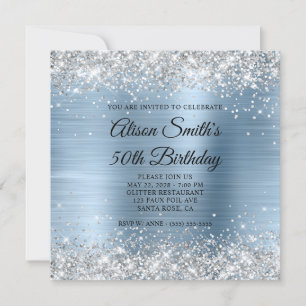 Silver Glitter Light Blue Monogram 50th Birthday Invitation