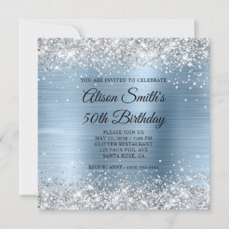 Silver Glitter Light Blue Monogram 50th Birthday Invitation