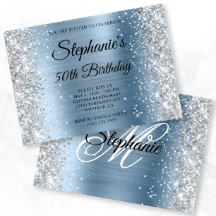Silver Glitter Light Blue Monogram 50th Birthday Invitation
