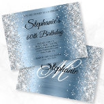 Silver Glitter Light Blue Monogram 60th Birthday Invitation<br><div class="desc">Create your own fancy monogram stylish milestone 60th birthday celebration invitation for her. Decorative sparkly faux silver glitter graphics side edges over a light blue brushed metal foil style digital art. Customise the invitation and monogram font colours or styles. The luxury sparkles, glitter and foil will be created with artistic...</div>