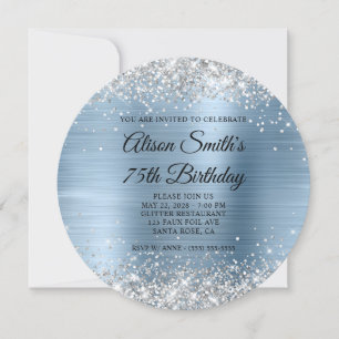 Silver Glitter Light Blue Monogram 75th Birthday Invitation