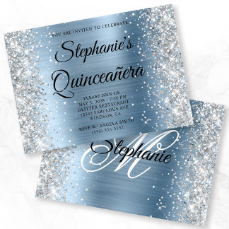 Silver Glitter Light Blue Monogram Quinceanera Invitation