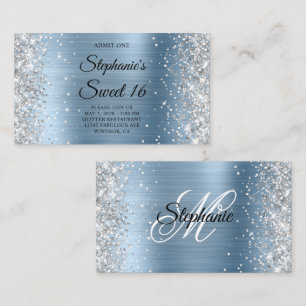 Silver Glitter Light Blue Monogram Sweet 16 Admit Enclosure Card