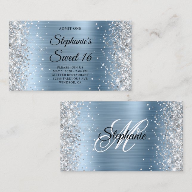 Silver Glitter Light Blue Monogram Sweet 16 Admit Enclosure Card (Front/Back)