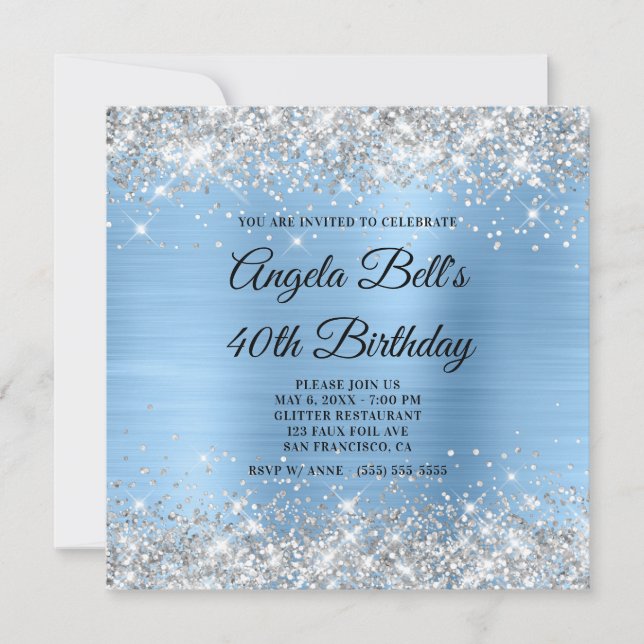 Silver Glitter Light Blue Shimmer Foil Monogram Invitation (Front)