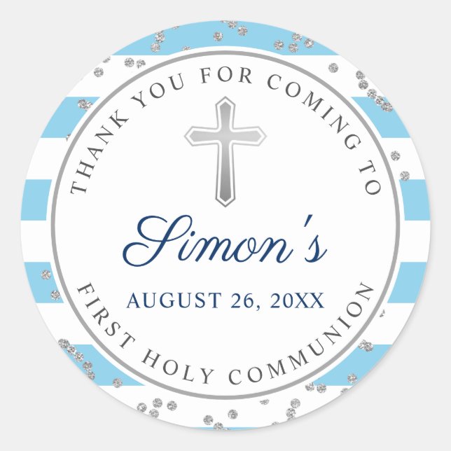 Silver Glitter Light Blue Stripes First Communion Classic Round Sticker (Front)
