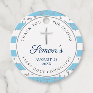 Silver Glitter Light Blue Stripes First Communion Favour Tags