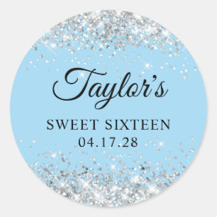 Silver Glitter Light Blue Sweet Sixteen Classic Round Sticker