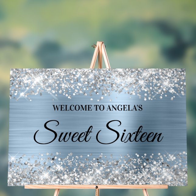 Silver Glitter Light Blue Sweet Sixteen Welcome Acrylic Sign (Neutral)